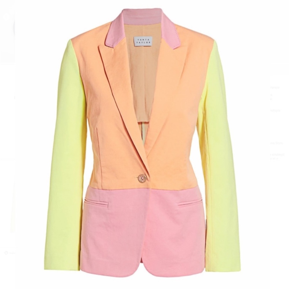 Tanya Taylor Darwin Blazer 0 Pink Peach Lime Denim Twill Cotton Spandex